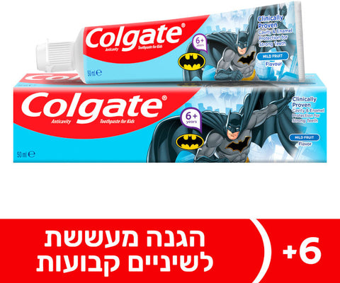 Colgate קולגייט
משחת שיניים ילדים באטמן לגילאי 6+ לשיניים חזקות בטעם פירות
50 מ"ל