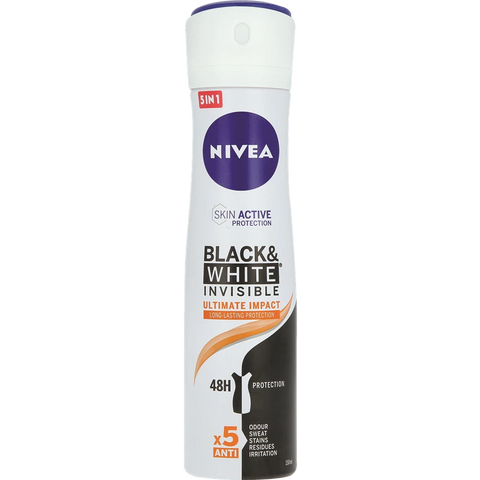 דאודורנט ספריי לאישה Nivea Black & White Invisible Ultimate Impact - נפח 150 מ''ל